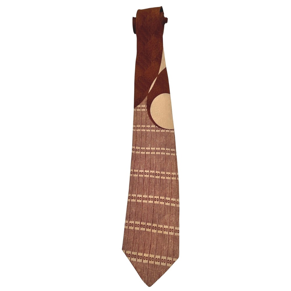 Vintage 70's Brown Tan Geometric Eclectic Grandpa Retro Silk Blend Wide Necktie